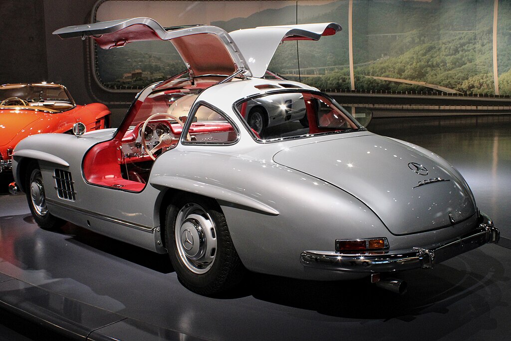 Mercedes-Benz 300 SL Coupe car on display at an exhibition