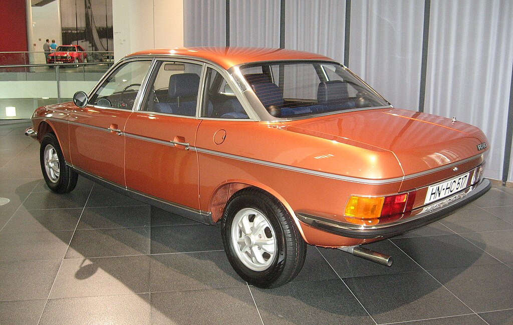 A close-up photo of a NSU Ro 80 car on display at an exhibition