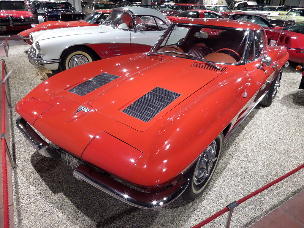 A close-up photo of a Corvette Stingray car on display at an exhibition