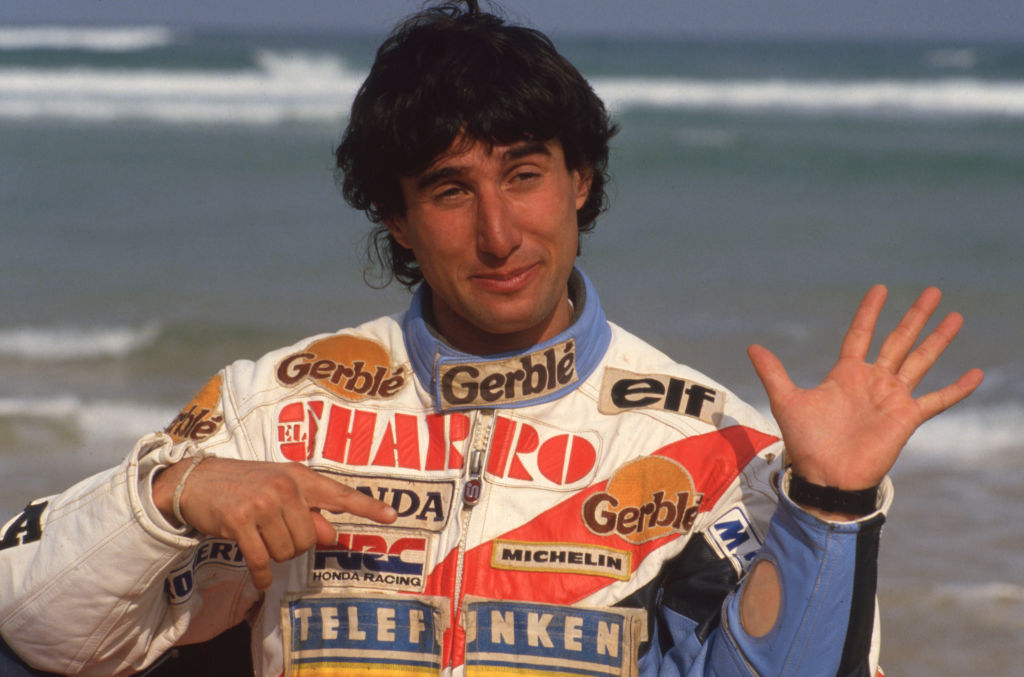 Portrait of Cyril Neveu on the beach in Dakar at the finish of the Paris-Dakar