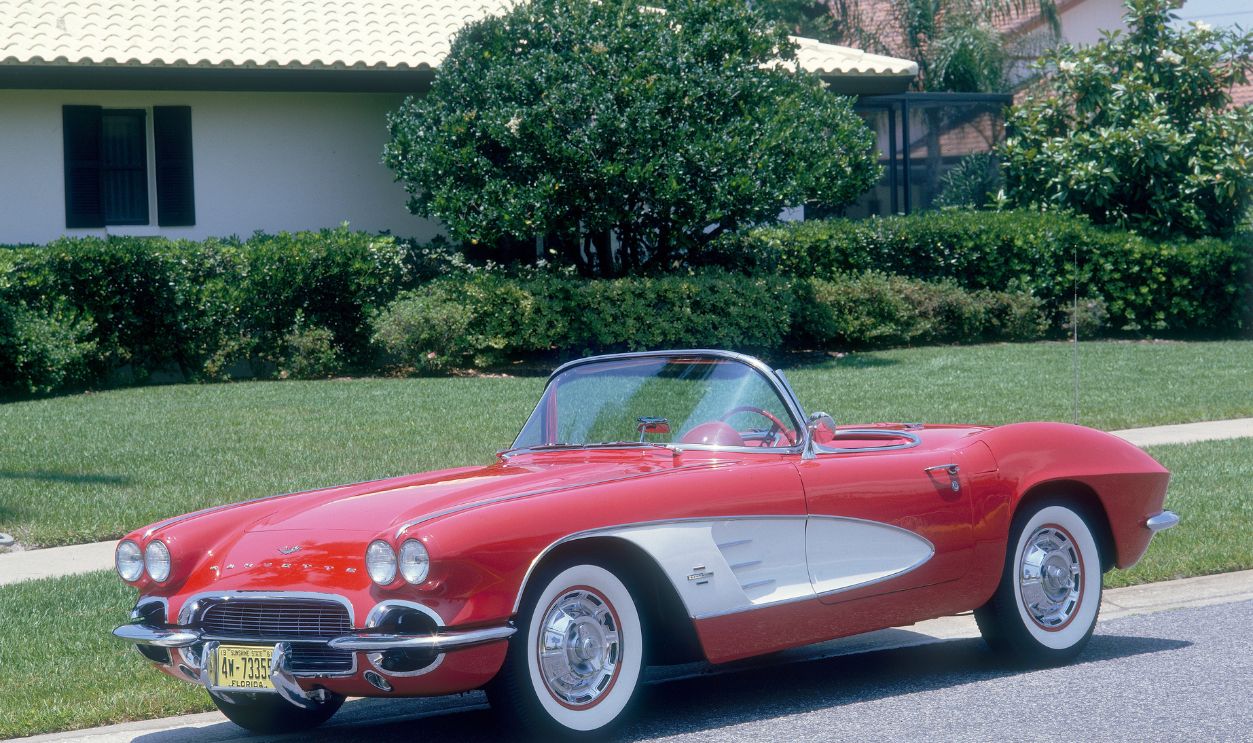 1961 Chevrolet Corvette. The Chevrolet Corvette first appeared in 1953, and was designed to show that General Motors could compete in the sports car market with European manufacturers such as MG and Jaguar. Several versions were produced, and by the time this 1961 model came out, the Corvette had carved out a niche not only in the car market, but in American culture.