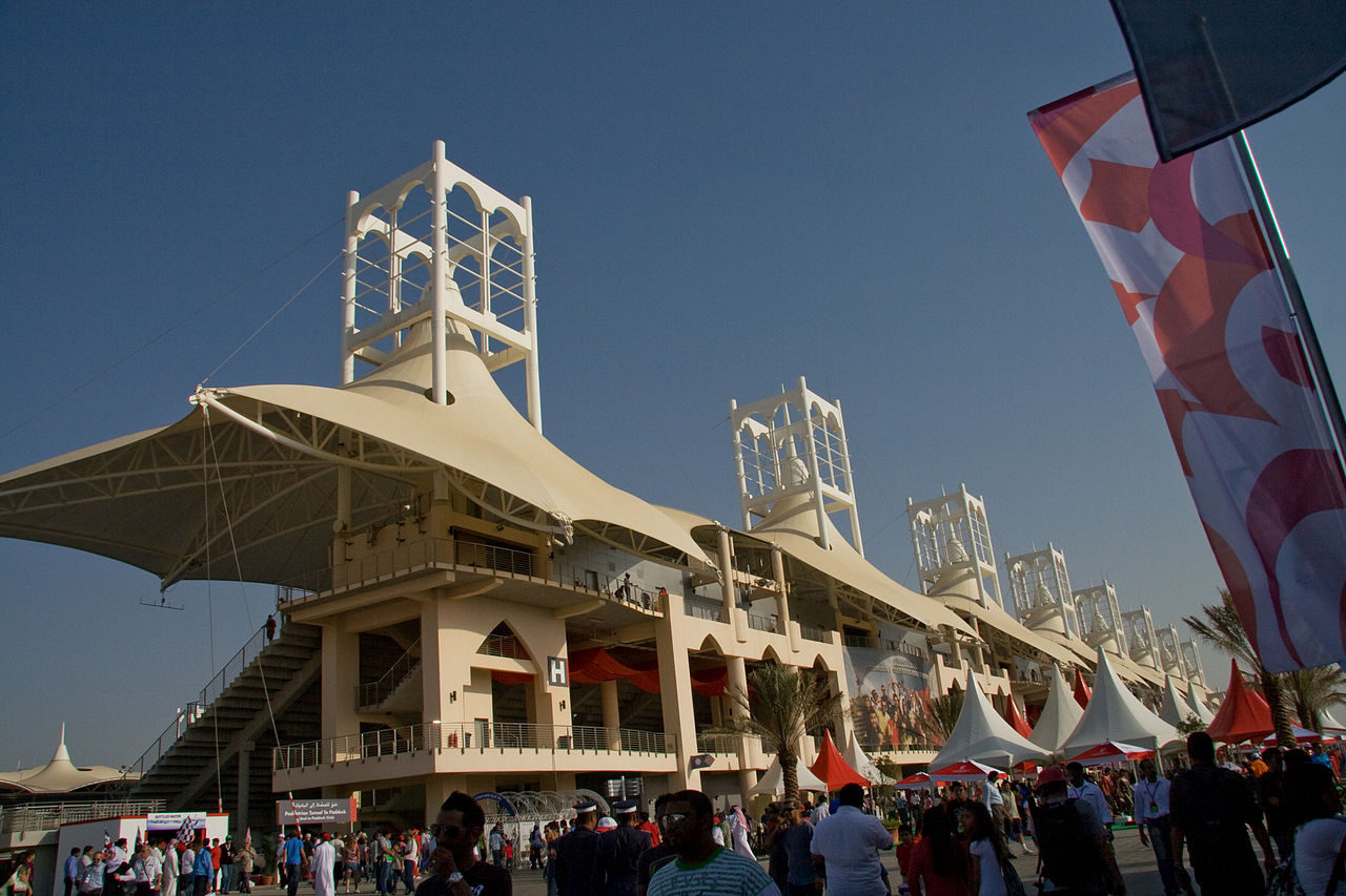 View of the stands from outside the main grandstands at the Formula One race