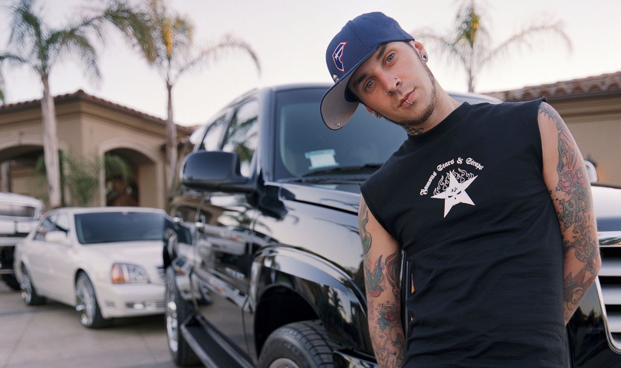 American musician Travis Barker of Blink-182 at his home in July, 2001 in Riverside, California.