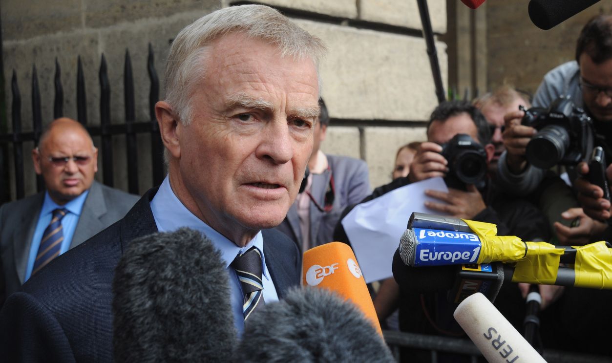 F.I.A President Max Mosley speaks to journalists at the F.I.A headquarters after attending the World Motor Sport Council hearing on September 21, 2009 in Paris, France. Renault will not contest the charges that Nelson Piquet Jr. was ordered by management to deliberately crash his car during the Singapore Formula 1 Grand Prix, the crash caused the deployment off the safety car, due to team mate Fernando Alonso's race strategy he was able to win the race. The incident has already seen the resignation of team principal Flavio Briatore and Director of Engineering, Pat Symonds. The punishment from the FIA could be exclusion of the team from F1, a large fine or a suspended ban