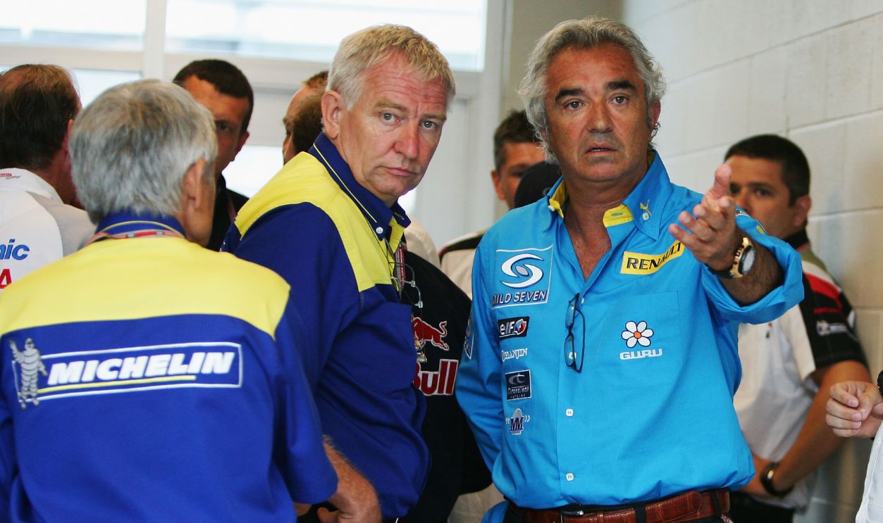 eam Principle Flavio Briatore of Renault with Nick Sherrock of Michelin talk after team meetings were held to decide whether the race would go ahead during the United States F1 Grand Prix at the Indianapolis Motor Speedway on June 19, 2005 in Indianapolis, Indiana.