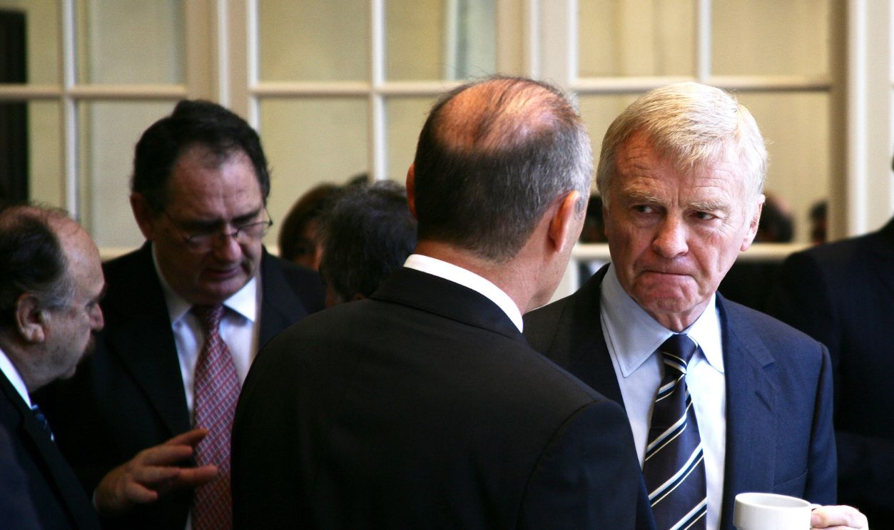 McLaren Chairman Ron Dennis (L) and President of The FIA Max Mosley in conversation - with Mansour Ojjeh (R) looking on - at the 2007 Formula One espionage controversy 'Spygate' and 'Stepneygate' hearings at the Place de la Concorde headquarters of the Fédération Internationale de l'Automobile - FIA - in Paris, France on the 13th September 2009