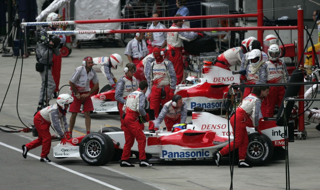 The Toyota F1 team withdraw their cars after the start of the United States F1 Grand Prix at the Indianapolis Motor Speedway on June 19, 2005 in Indianapolis, Indiana