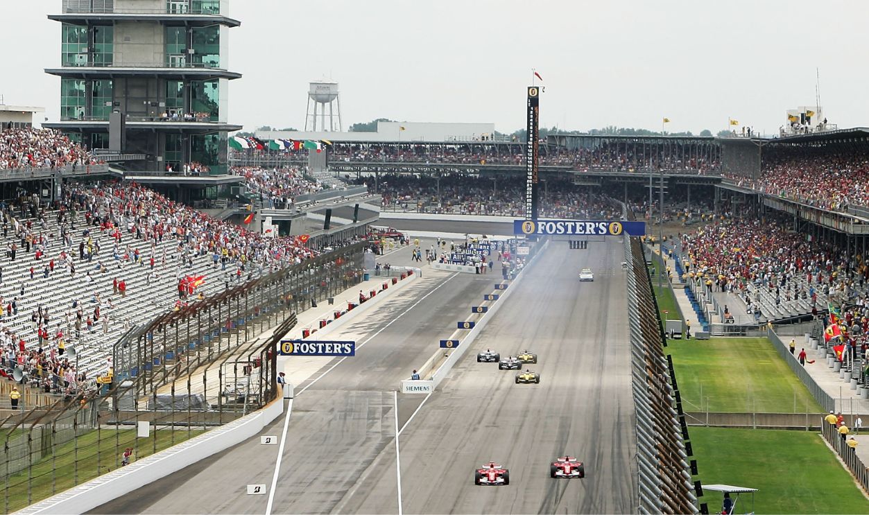 JUNE 19: Only Ferrari, Minardi, and Jordan drivers race as the teams with Michelin tires all come into the pits to to retire after one lap during the United States F1 Grand Prix at the Indianapolis Motor Speedway on June 19, 2005 in Indianapolis, Indiana