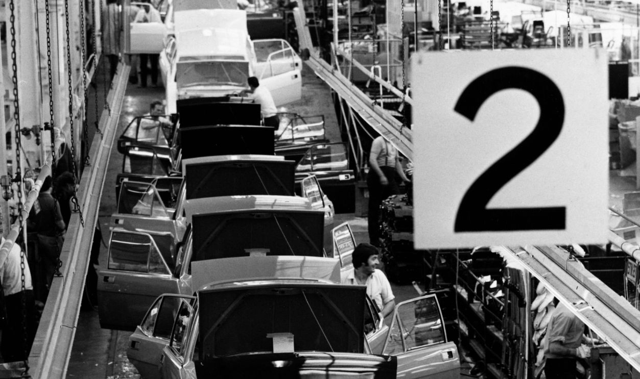 Car Production 15th September 1971: A production line making Morris Marina cars at the British Leyland factory in Cowley, Buckinghamshire.
