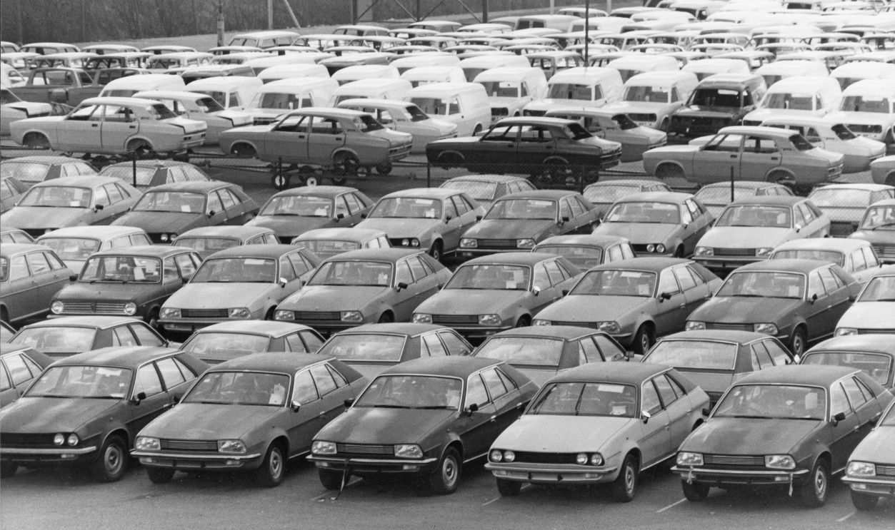 Unsold Austin Princess (foreground) and Morris Marina cars at the British Leyland's Cowley, plant in Oxford, 12th February 1980. The company's market share has recently fallen to an all-time low of fifteen percent.