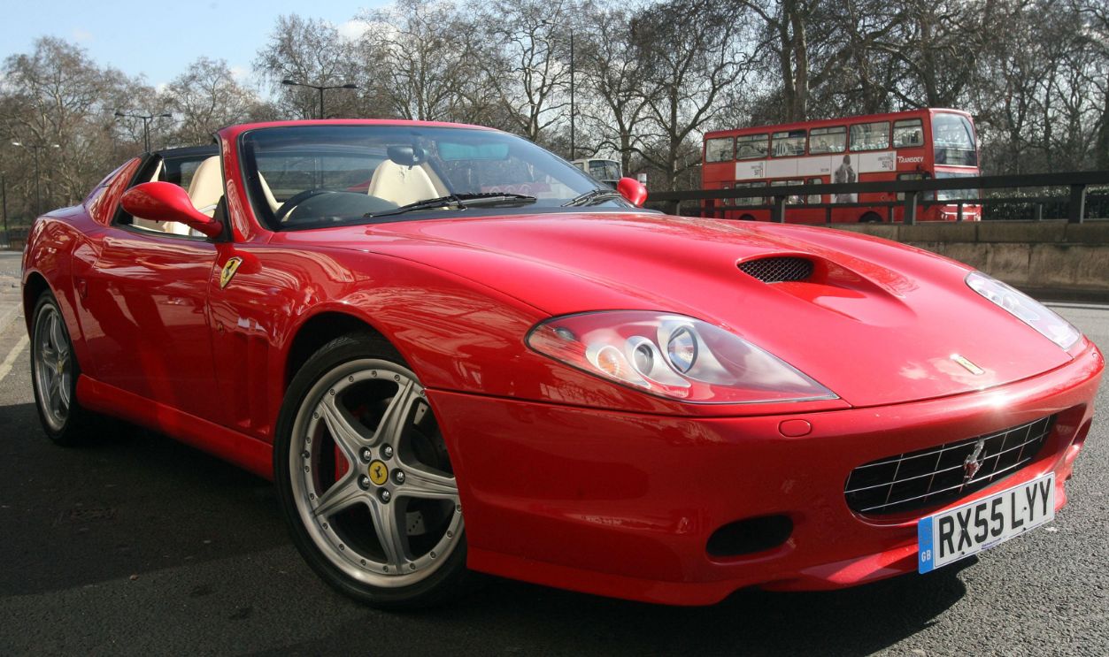 A Ferrari Superamerica owned by Rod Stewart outside the Hard Rock cafe in London. Guitars and cars previously owned by rock legends will be auctioned by Coys on March 12th.