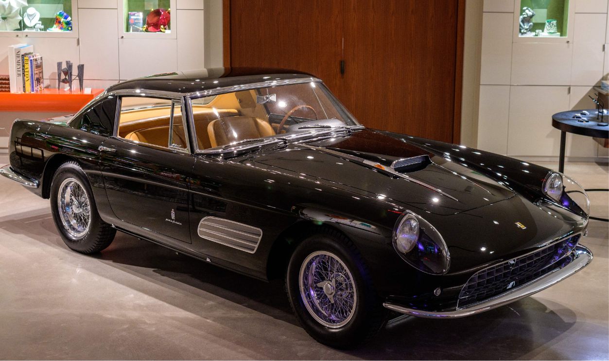 A 1959 Ferrari 410 Superamerica Coupe Series III by Pinin Farina is on display July 14, 2021, at Sotheby's in New York City, in advance of the 2021 Monterey auction, scheduled for August 13-14. - Sotheby's is estimating a $6,000,000 - $8,000,000USD, sale for the racing car.