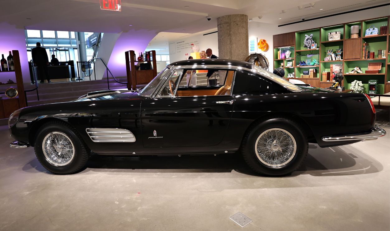 A 1959 Ferrari 410 Superamerica Coupe Series III by Pinin Farina is on display during a press preview of Sotheby's Monterey Auction highlights at Sotheby's on July 14, 2021 in New York City.