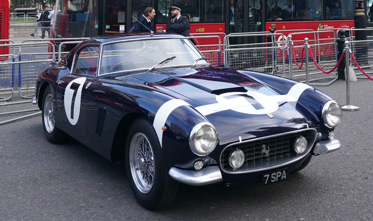 The Ferrari 250 GT SWB on display outside Westminster Abbey in London before a service of thanksgiving for Sir Stirling Moss, who died on the 12th April 2020 aged 90.