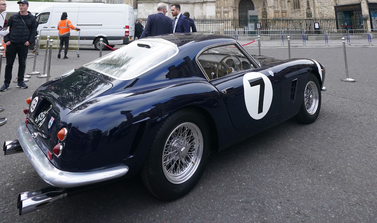 The Ferrari 250 GT SWB on display outside Westminster Abbey in London before a service of thanksgiving for Sir Stirling Moss, who died on the 12th April 2020 aged 90. 