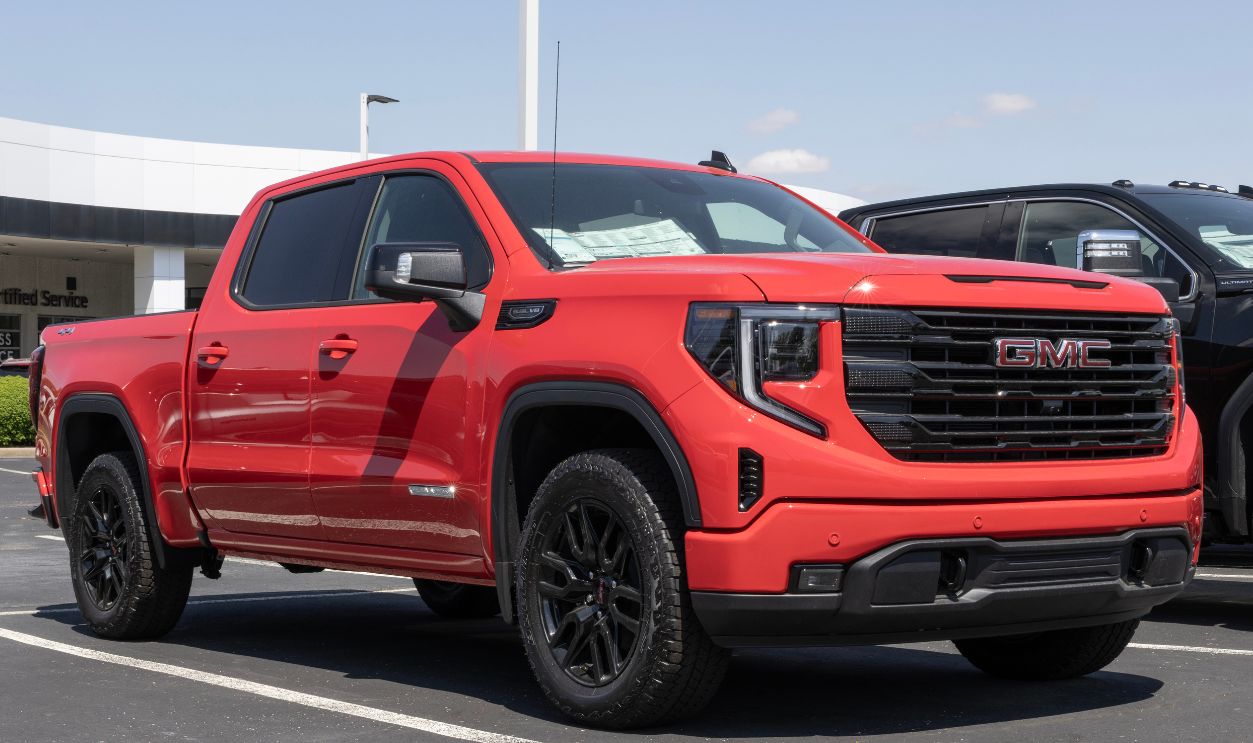 GMC Sierra 1500 Elevation pickup display at a dealership. GMC offers the Sierra 1500 with a 5.3L Ecotec3 V8 engine.