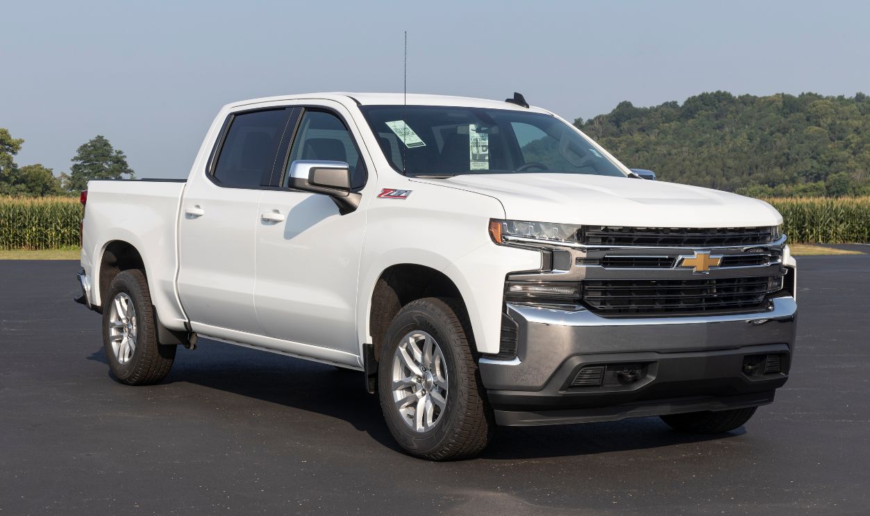 Chevrolet Silverado 1500 display. Chevy is a division of GM and offers the Silverado 1500 in WT, Custom, Custom Trail Boss, LT, RST, LT Trail Boss, LTZ, and High Country models.