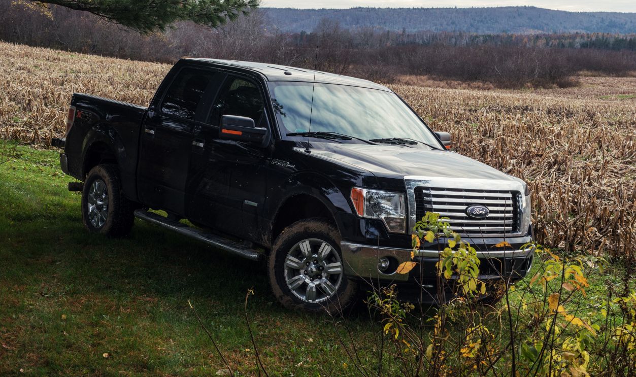 A late model Ford F-150 parked near a field of harvested corn in Nova Scotia's Guysborough County.