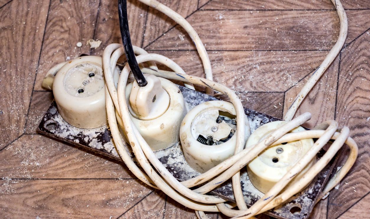 Old dirty extension cord - stock photo Old dirty extension cord on dirty parquet