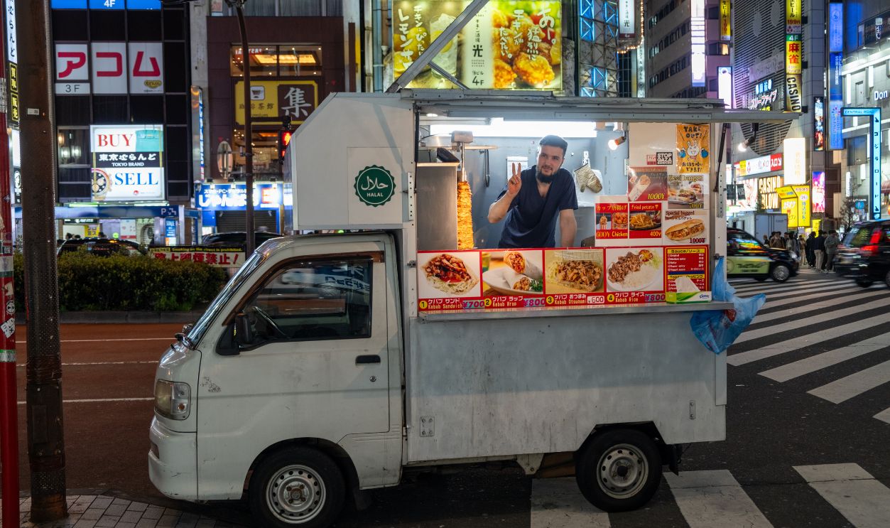 Japan Tokyo. Street food, kei truck, mobile food stand selling halal food 