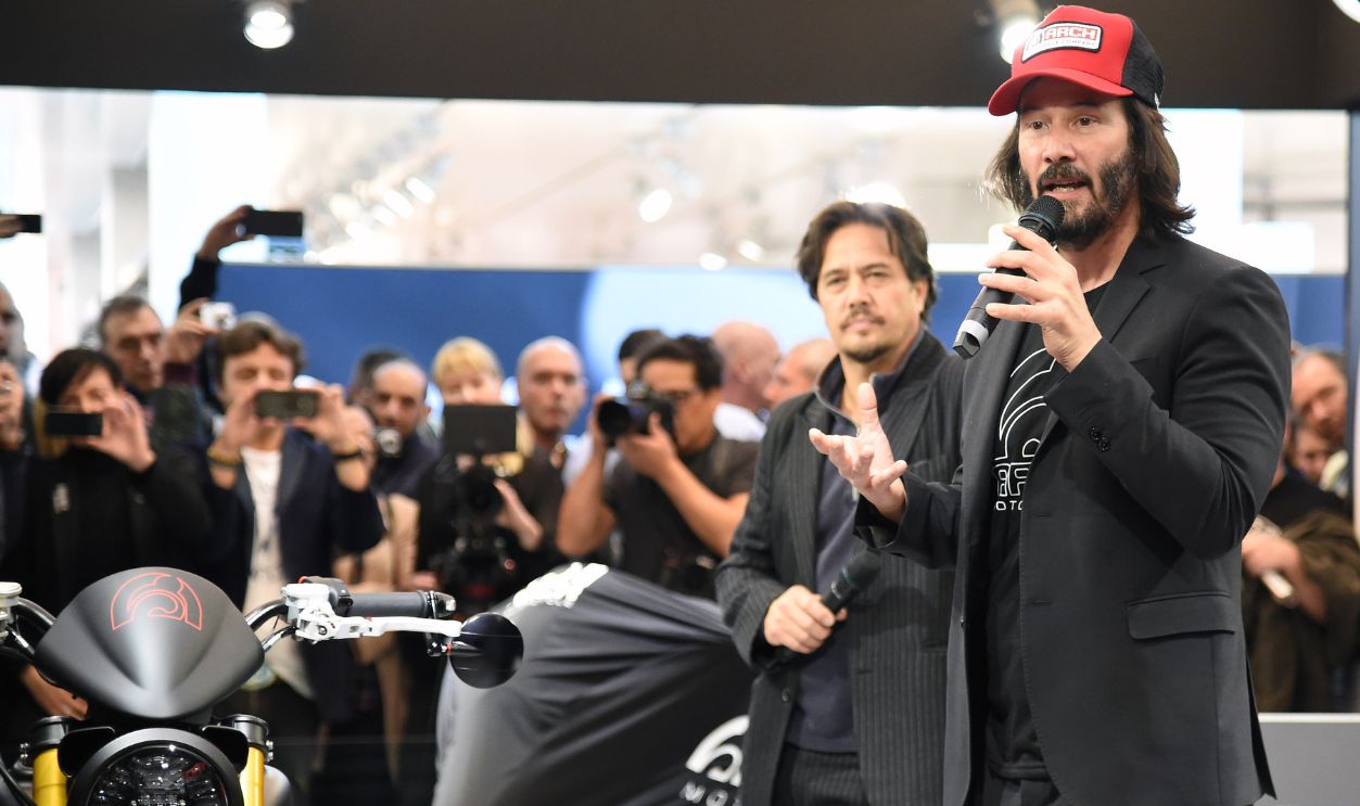 Keanu Reeves speaks during Arch press conference at EICMA 2017, the International Motorcycle Fair, on November 8, 2017 in Milan, Italy.
