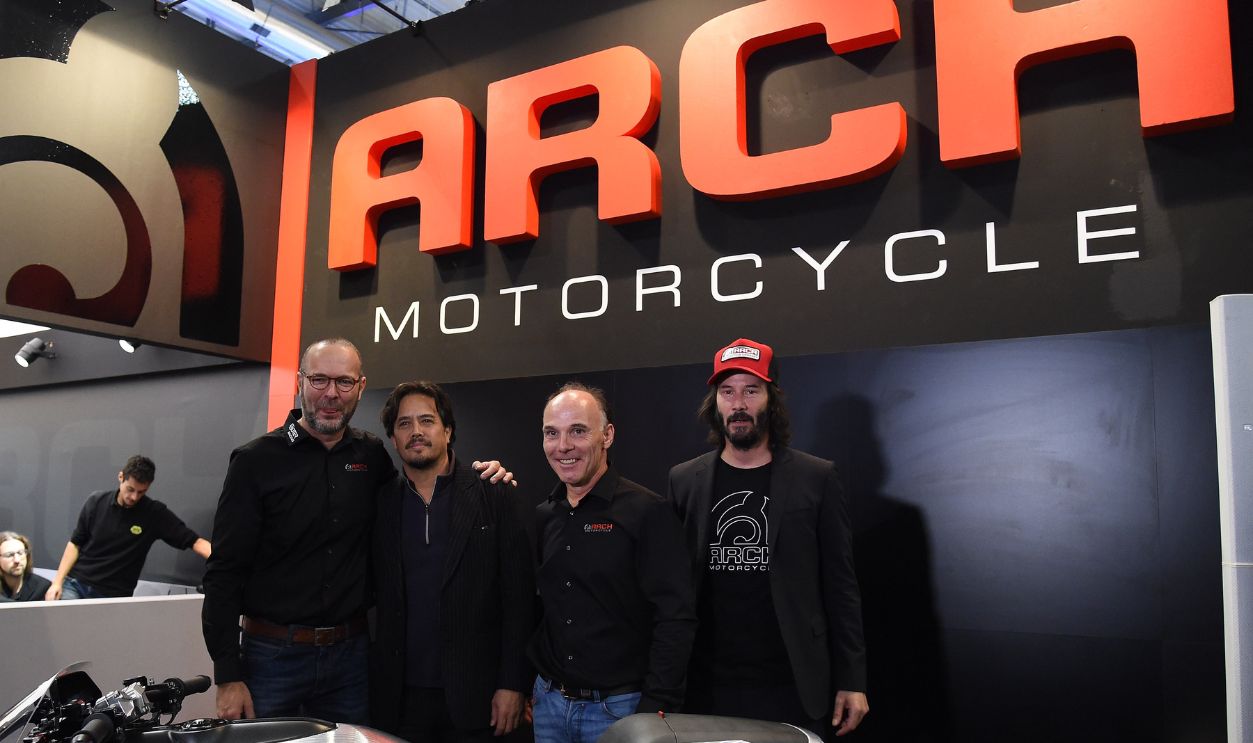  (2L) and (R)Keanu Reeves pose during the Arch press conference at EICMA 2017, the International Motorcycle Fair, on November 8, 2017 in Milan, Italy. 
