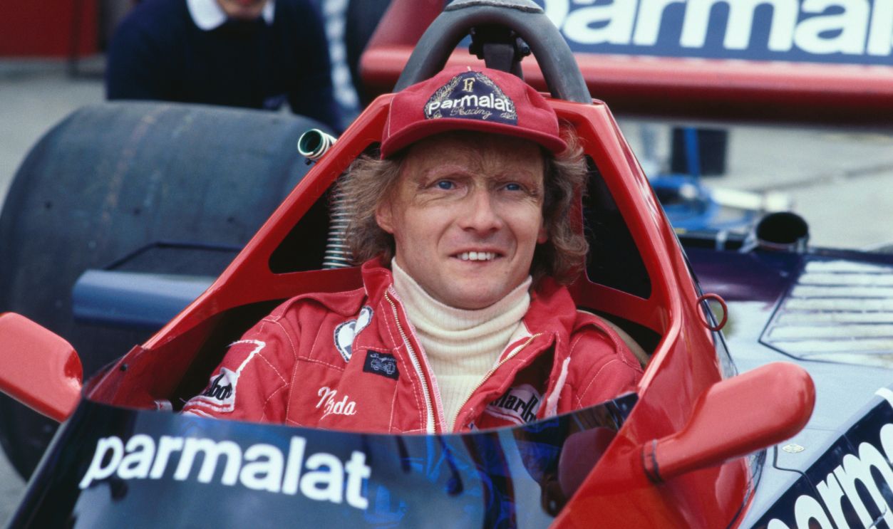 Racecar driver Niki Lauda shown here in pits.