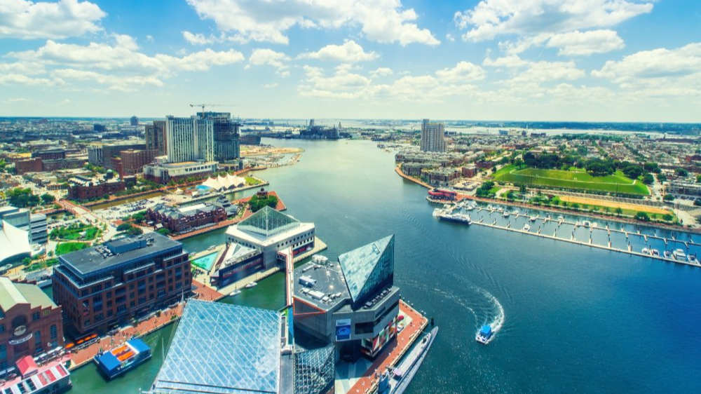 The image showcases a Vibrant urban scene of Baltimore, Maryland