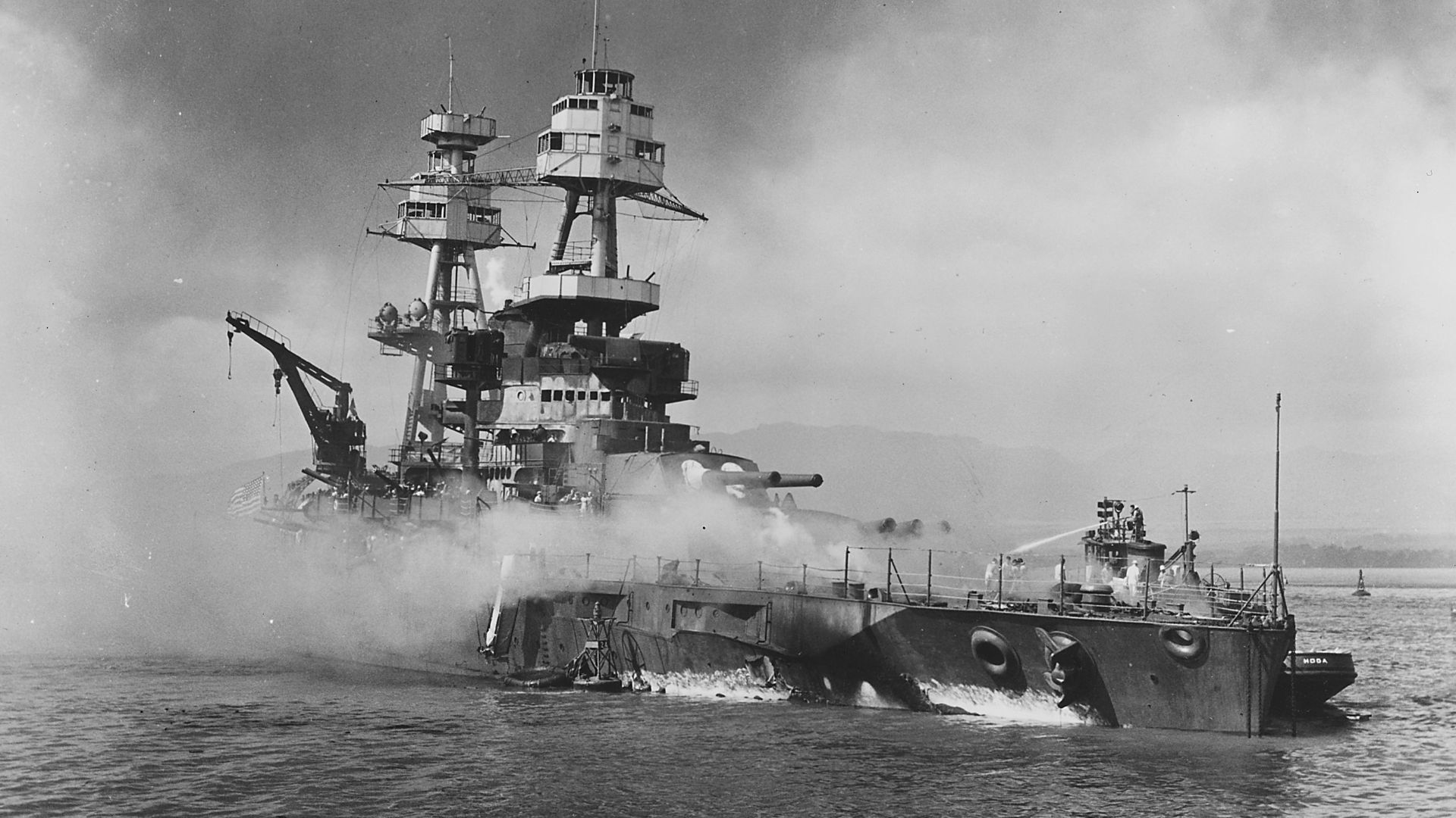 File:Photograph of the USS Nevada beached at Hospital Point after the attack on Pearl Harbor - NARA - 306548.jpg