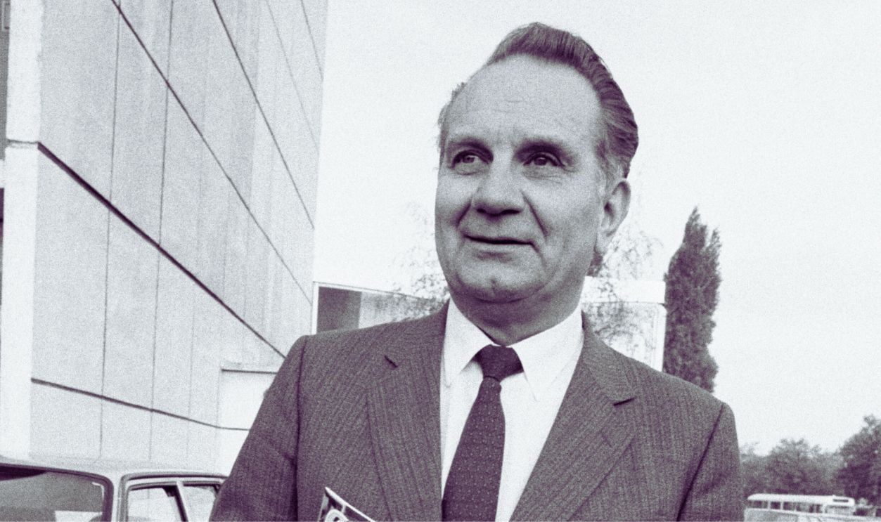 Georges Besse at the rollout of the 500,000th 'Supercinq' at the Renault factory in Flins on October 28, 1985, France