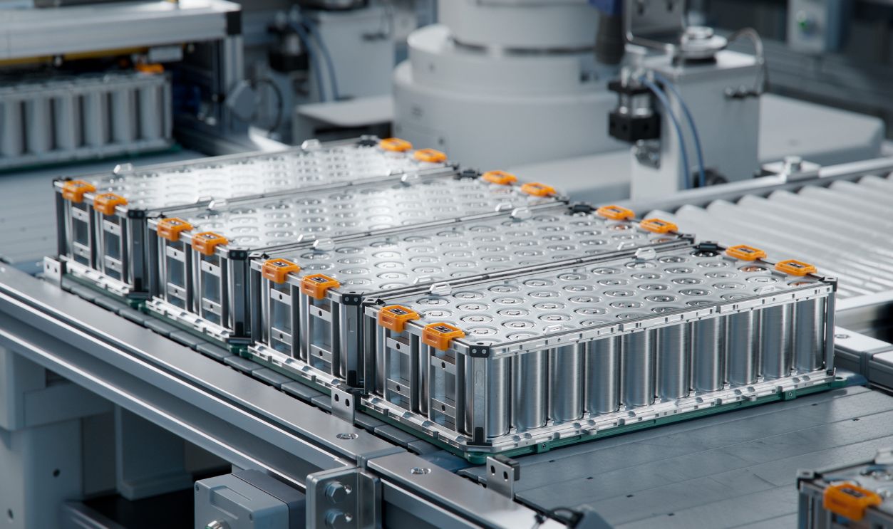 Lithium-ion High-voltage Battery Component for Electric Vehicle or Hybrid Car. Battery Module for Automotive Industry on Production Line. High Capacity Battery Production inside a Factory.