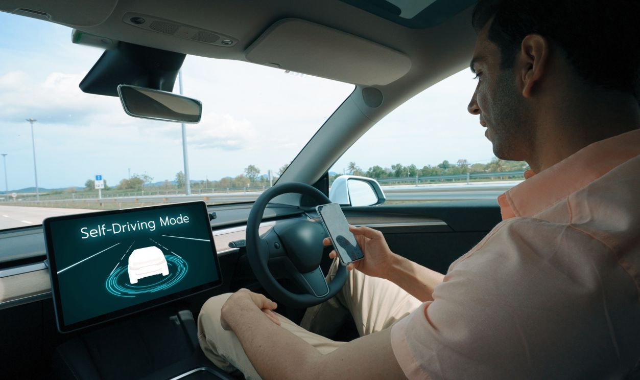 Self driving car or autonomous vehicle travel on speed highway with driverless system and autopilot mode allowing man driver relax and focus on smartphone without compromising safety. Perpetual