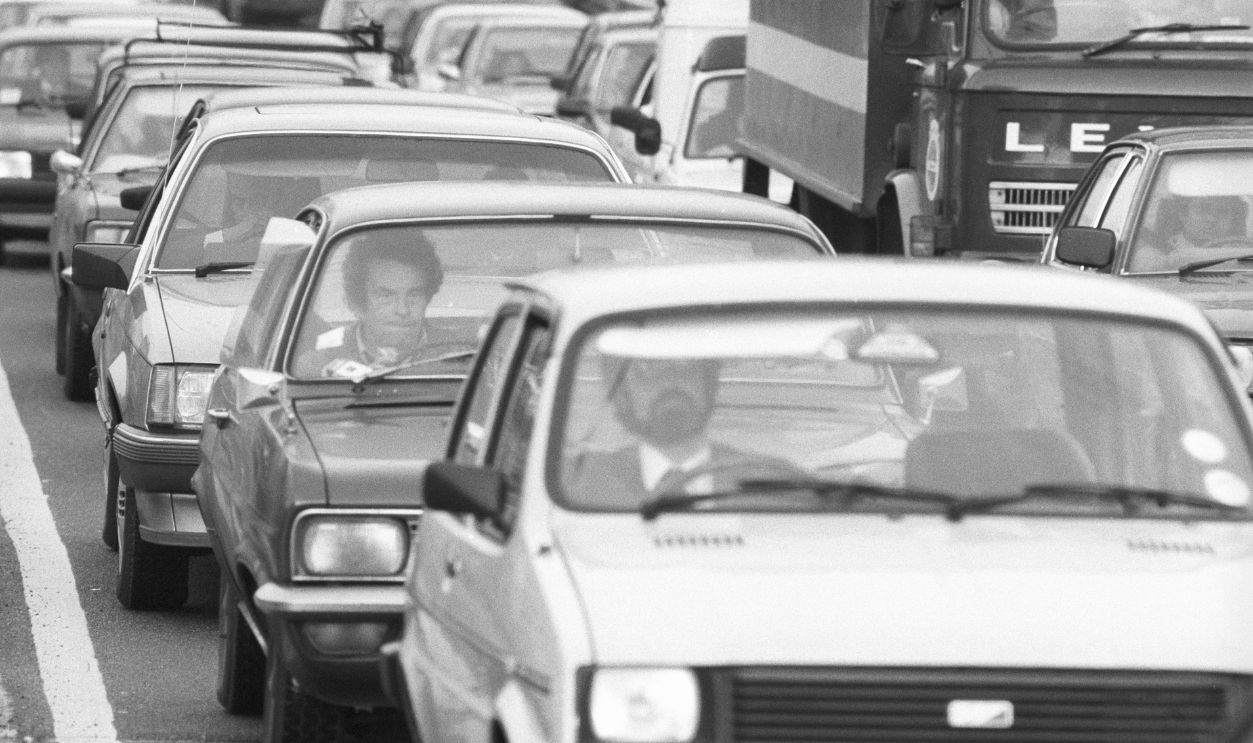 Traffic Jam Drivers sit in a traffic jam during a 24 hour strike by London Transport workers on March 28, 1984.