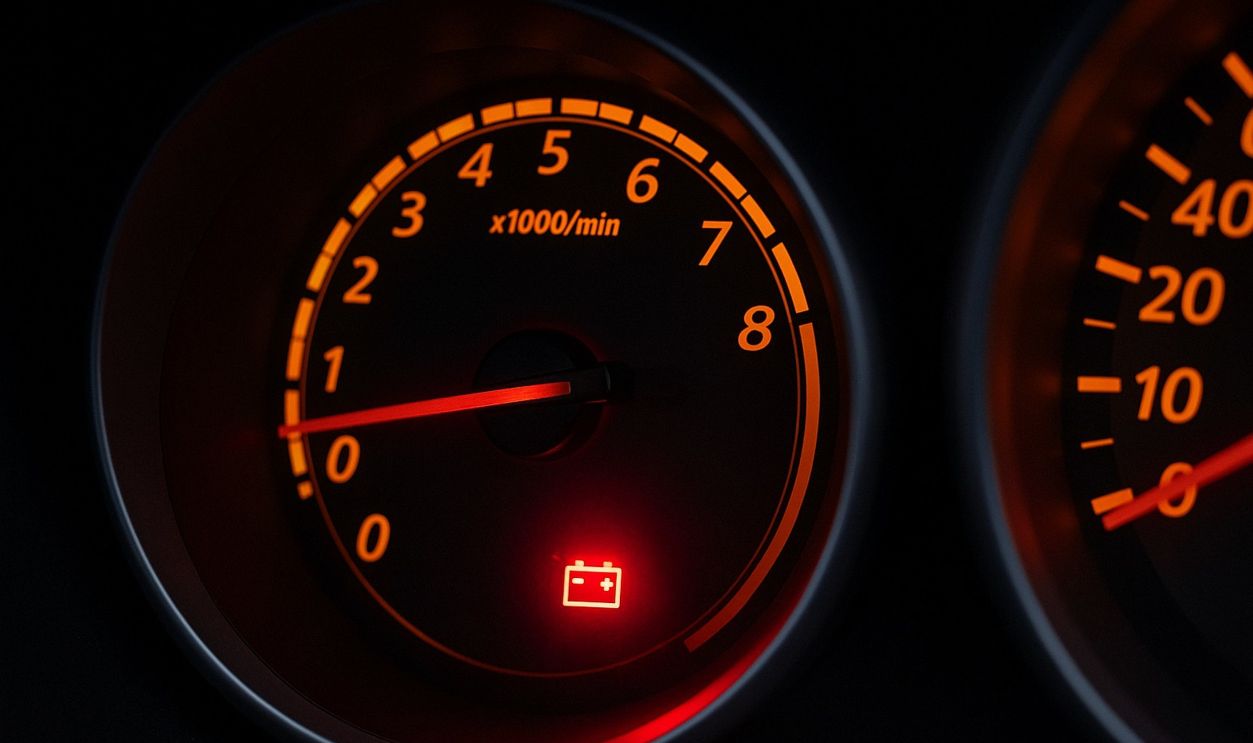 Car battery warning light illuminated on dashboard, red battery icon alert, vehicle electrical system problem indicator, car maintenance signal, battery issue warning, automotive dashboard light.