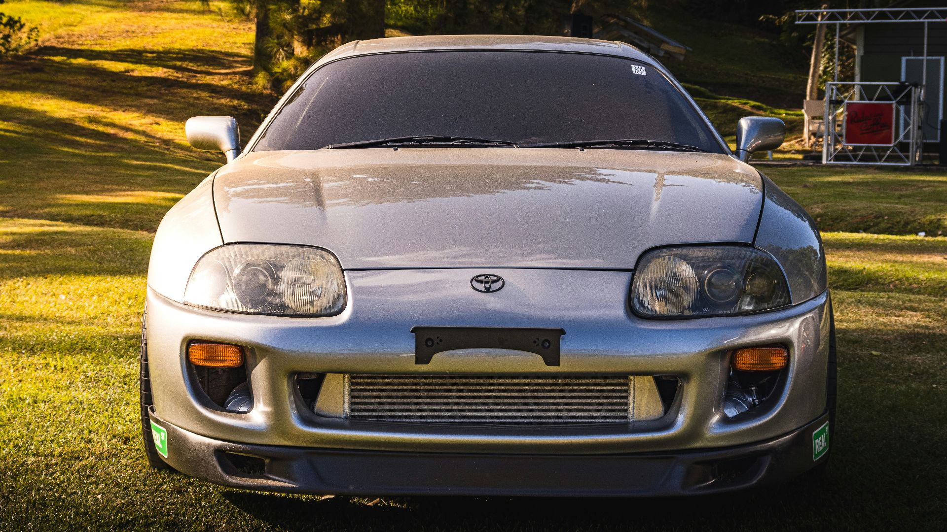 a silver sports car parked in the grass