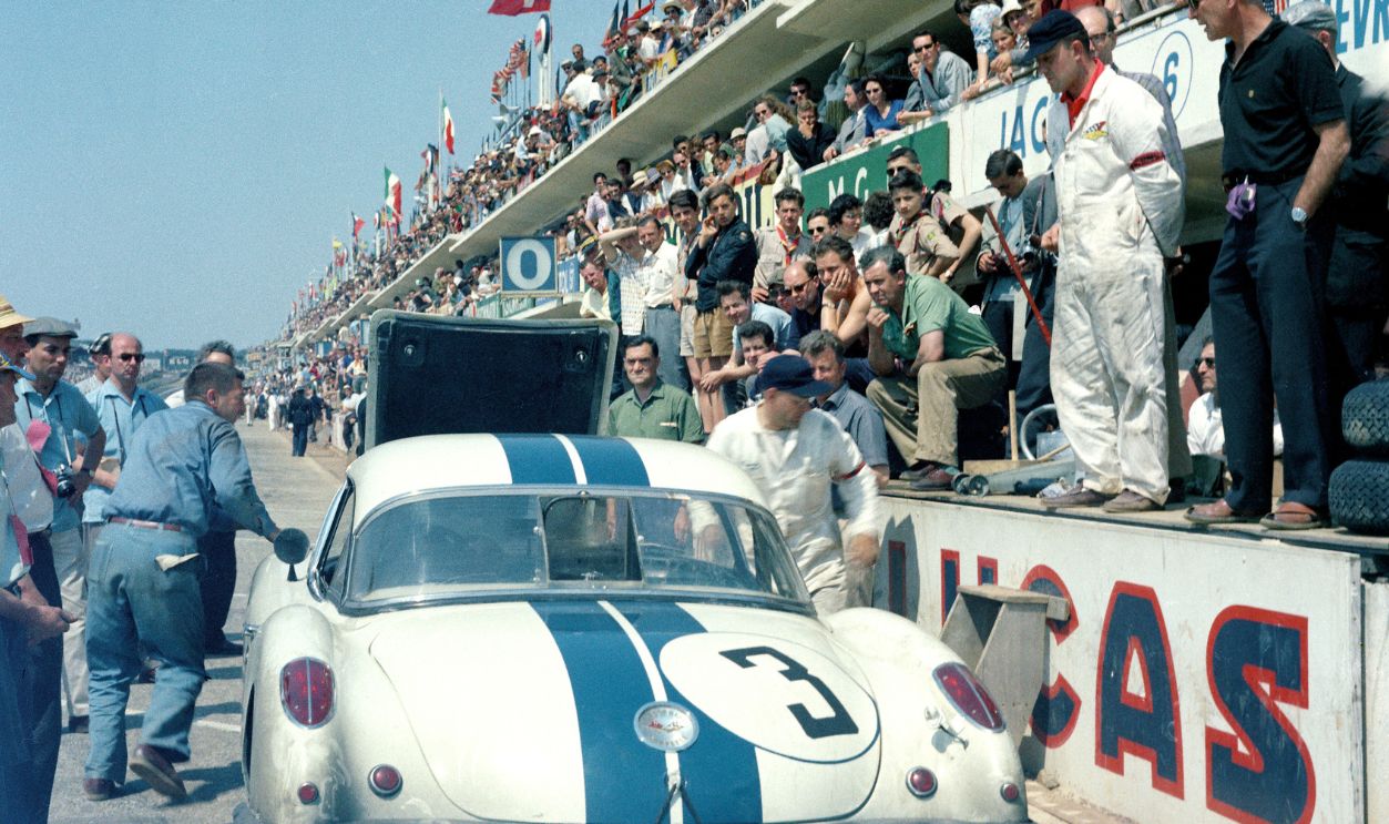 The Le Mans 24 Hours; Le Mans, June 25-26, 1960. Pit stop action surrounds the Corvette of John Fitch and Bob Grossman. Entered by Briggs Cunningham, this Corvette would finish eighth.