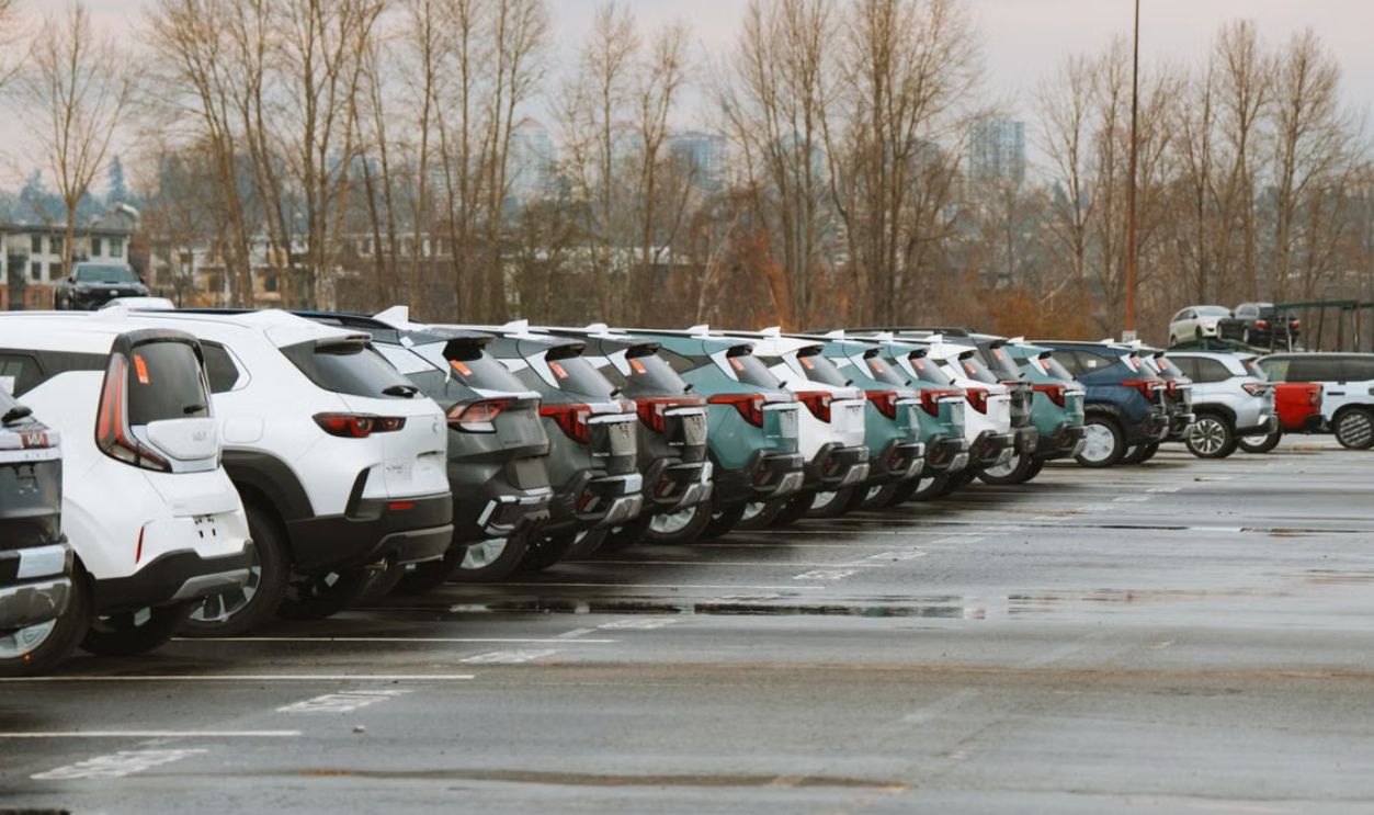 A line of parked cars in an outdoor urban parking lot on a cloudy day