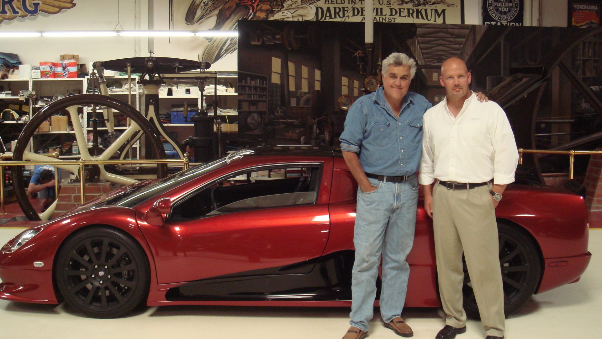 Jay Leno and Jerod Shelby on the set of