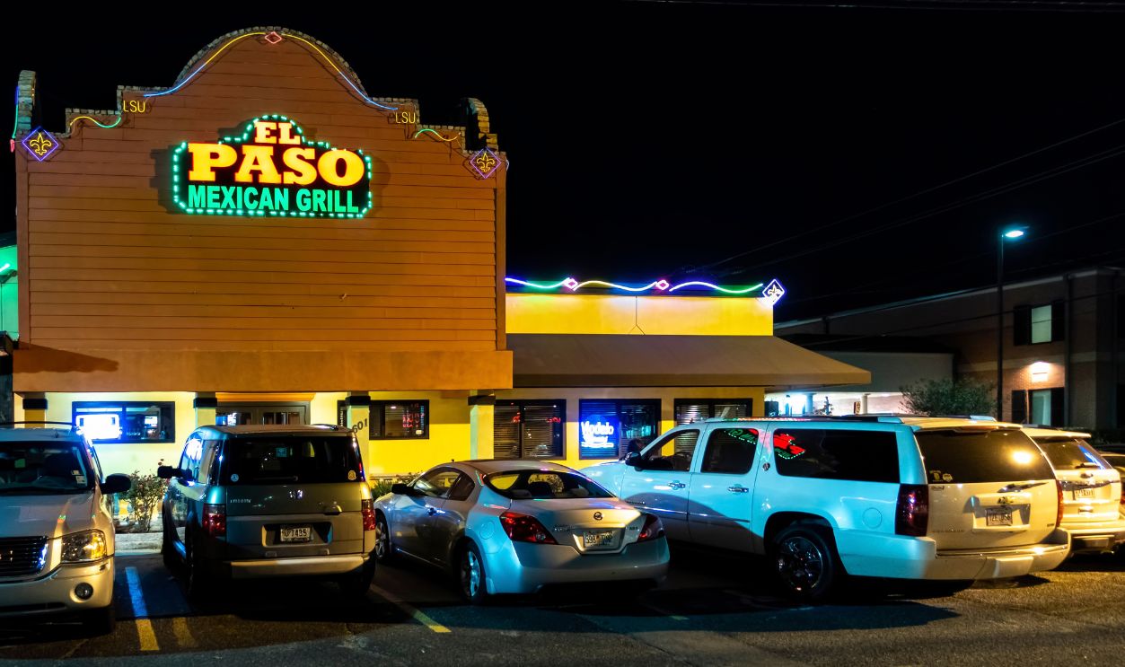 New Orleans, USA - Nov 29, 2017: Iconic El Paso Mexican Grill family restaurant at Metairie, along Veterans Boulevard. Night scene with cars at the front parking lot.