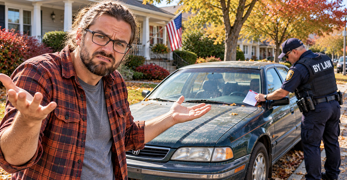 A man standing in front of his car being ticketed