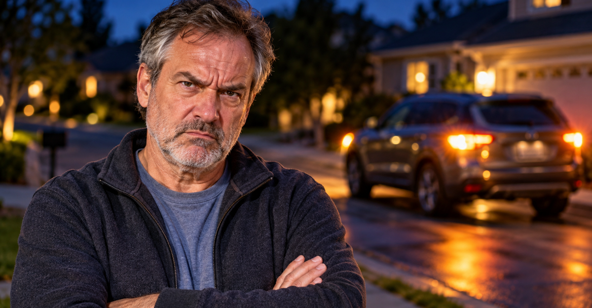 AI-generated image of annoyed man on suburban street at dusk