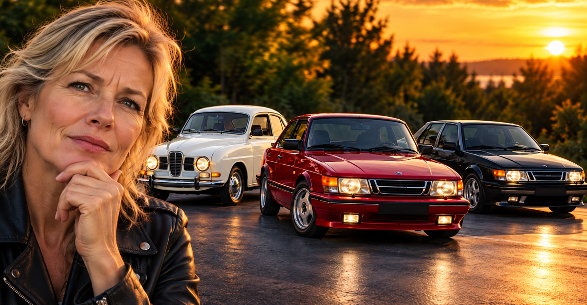 AI-generated image of woman next to Saab 96, 900 Turbo, and 9000 Aero