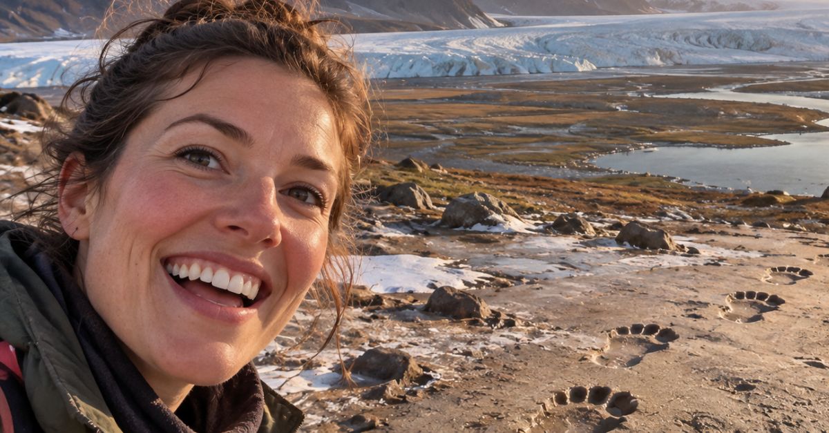 Archeologist selfie beside ice age footprints.