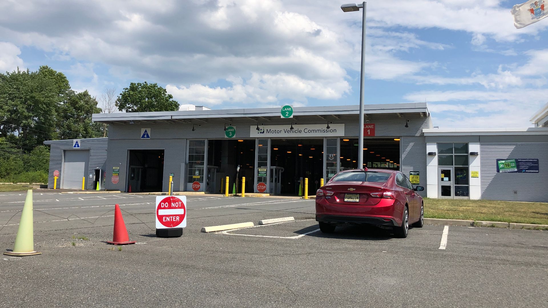 Vehicle inspection facility at the New Jersey Motor Vehicle Commission's Bakers Basin Licensing, Road Test, and Inspection Center along U.S. Route 1 (Brunswick Pike) in Lawrence Township, Mercer County, New Jersey