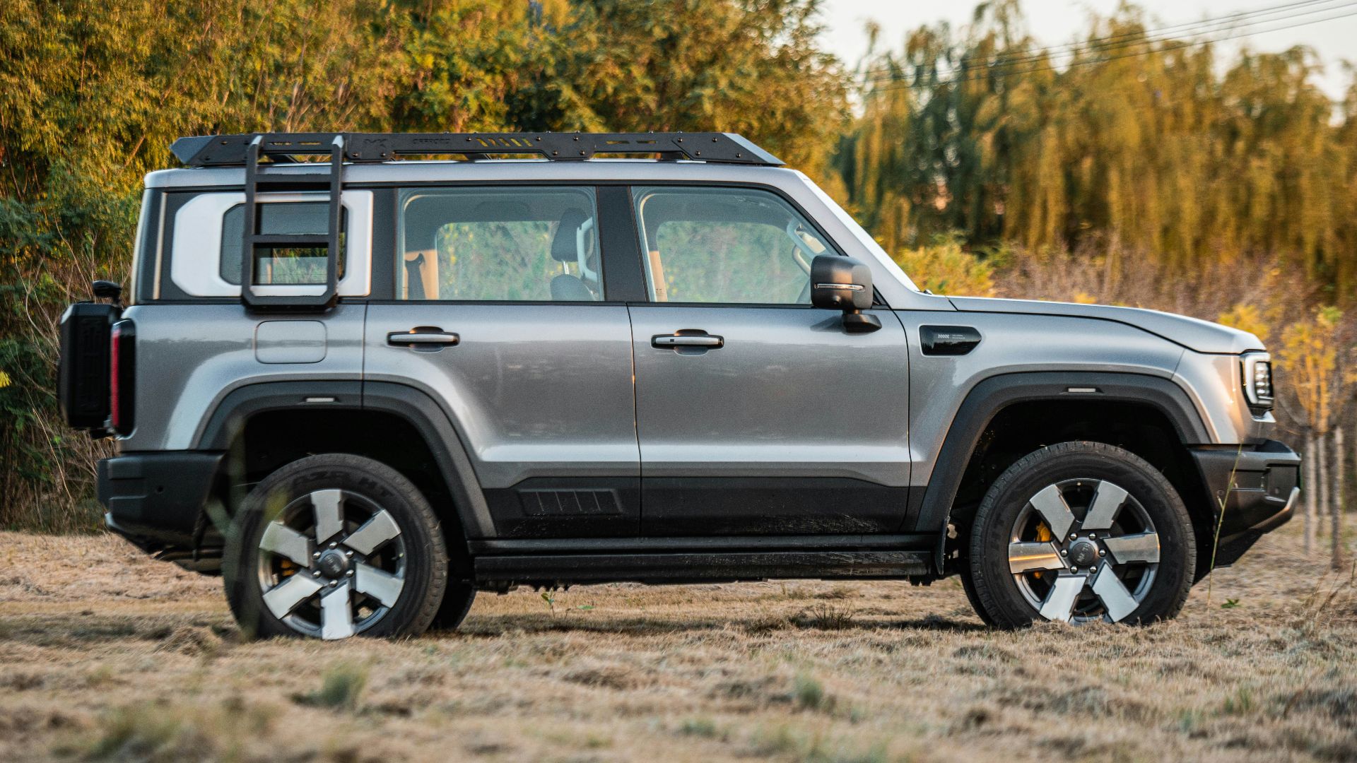 Silver suv parked on a dirt road with trees