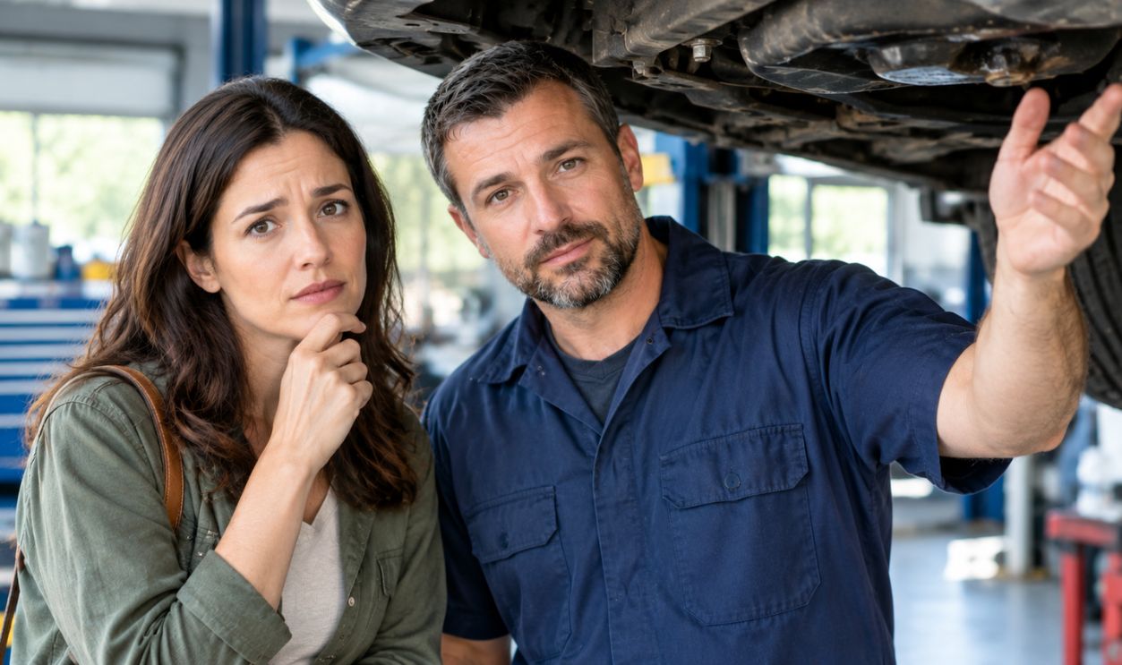Mechanic Explaining Car Undercarriage