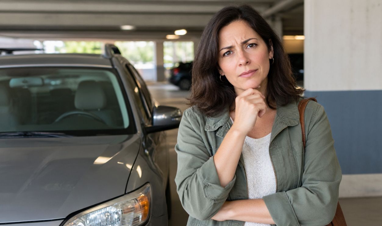 Thoughtful Woman Beside Car in Garage