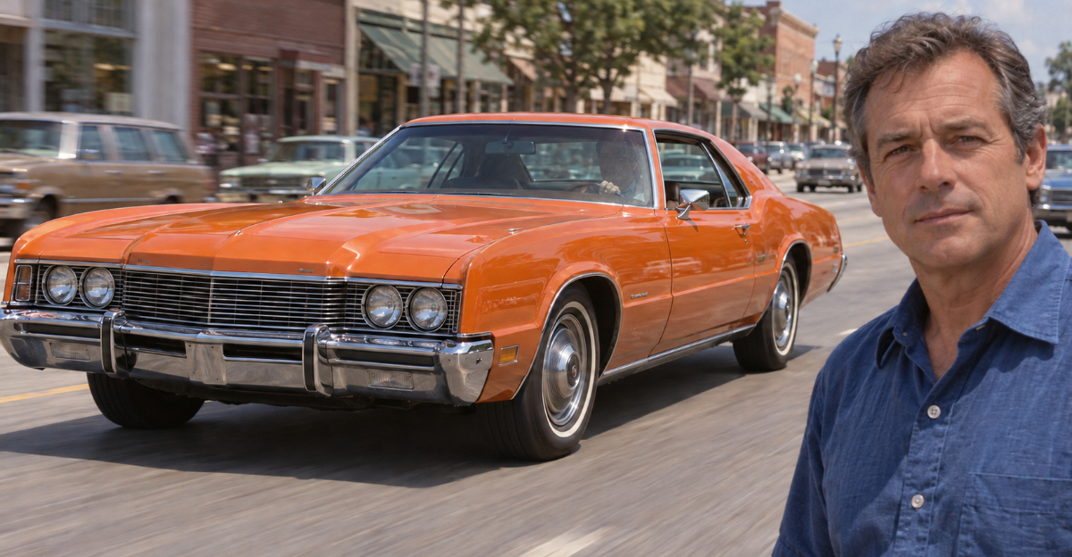 orange 1970s car driving on road with man in foreground looking at camera