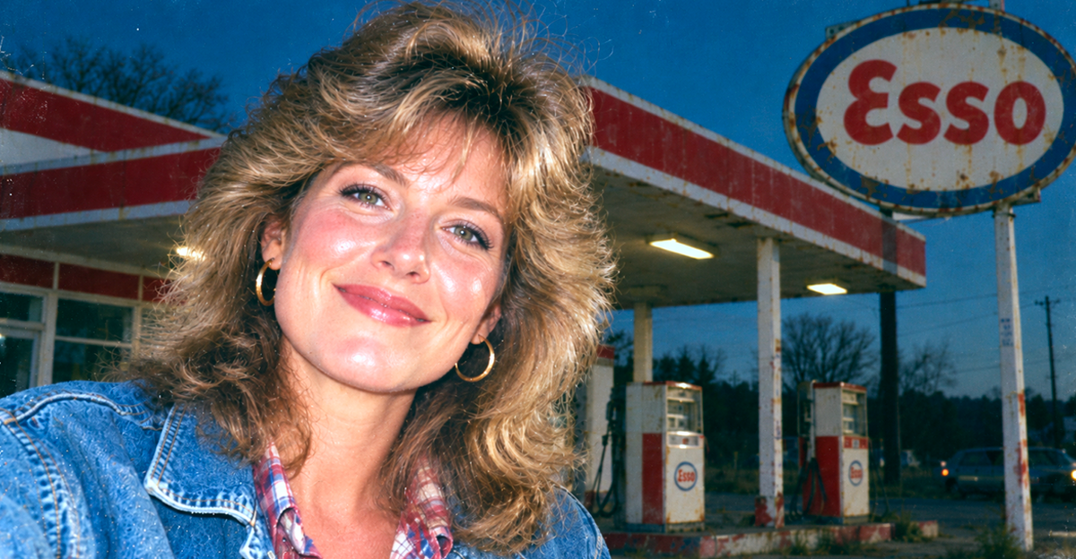 1980s Mom with feathered hair smiling in front of a rusty esso gas station