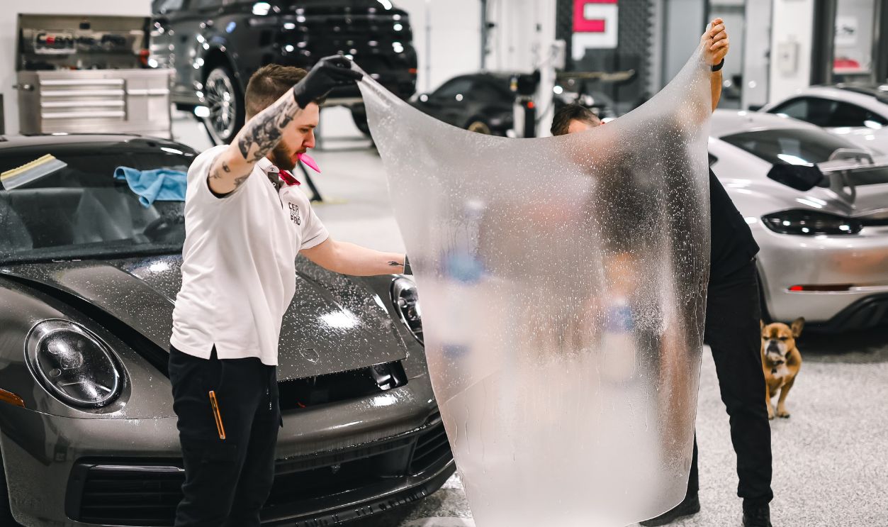 Two professionals applying protective film to a luxury car in a modern garage